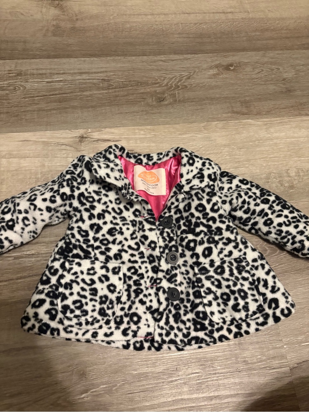 Girls' Black & White Leopard Print Pea Coat with Pink Lining
